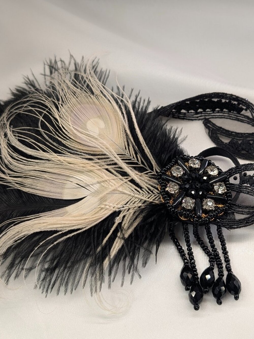 1920s Gatsby Flapper Feather Headpiece Black Lace Rhinestone Peacock Headband